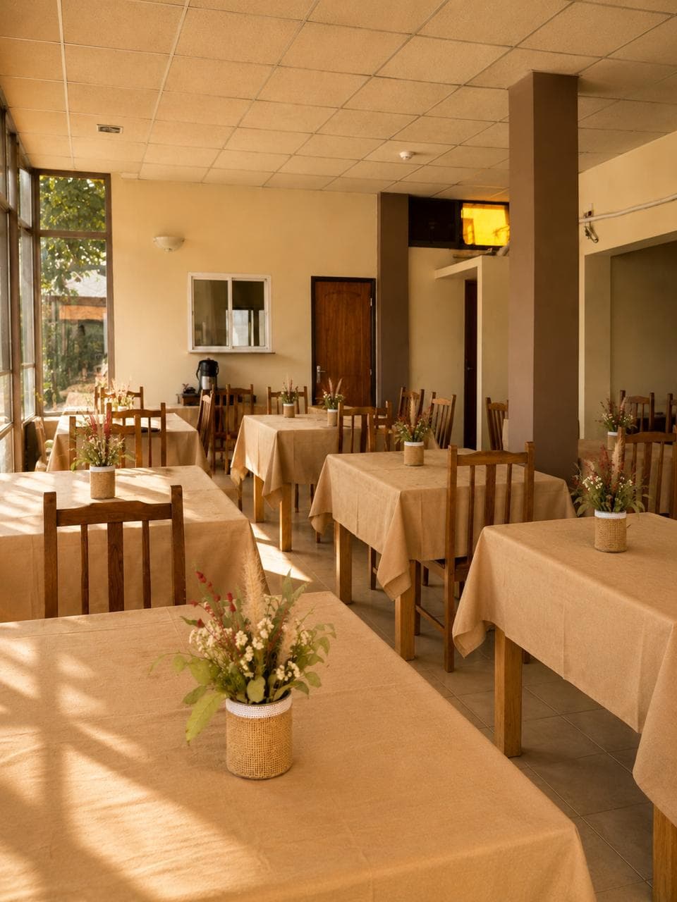 Comedor amplio y luminoso con grandes ventanales